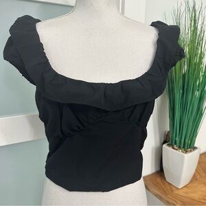 Zara Black Ruffled Scoop Neckline Bustier Cropped Top SZ Large Resort Wear NWT